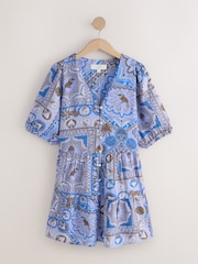 Blue Scarf Print Short Sleeve Button Through Tiered Mini Dress with Linen - Image 6 of 8