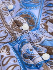 Blue Scarf Print Short Sleeve Button Through Tiered Mini Dress with Linen - Image 7 of 8