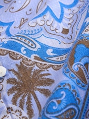 Blue Scarf Print Short Sleeve Button Through Tiered Mini Dress with Linen - Image 8 of 8