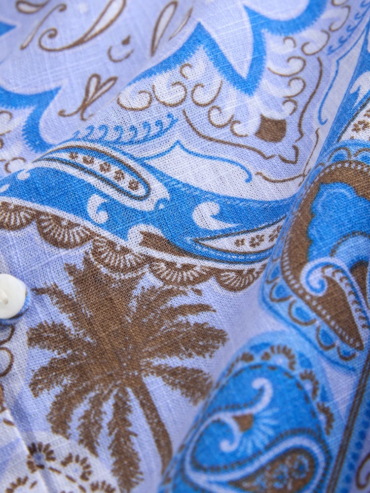Blue Scarf Print Short Sleeve Button Through Tiered Mini Dress with Linen - Image 8 of 8