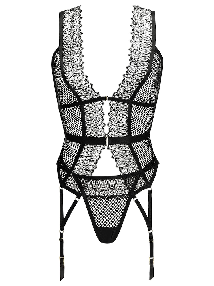 Ann Summers Black Hailey Gupiere and Fishnet Crotchless Cami Suspender Set - Image 5 of 5 Ann Summers Black Hailey Gupiere and Fishnet Crotchless Cami Suspender Set - Image 5 of 5