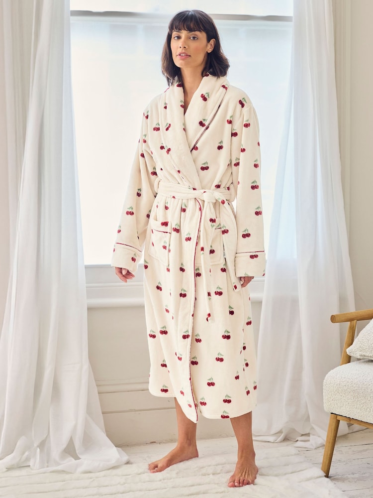 Chelsea Peers Natural Fleece Cherry Print Long Dressing Gown - Image 1 of 5 Chelsea Peers Natural Fleece Cherry Print Long Dressing Gown - Image 1 of 5