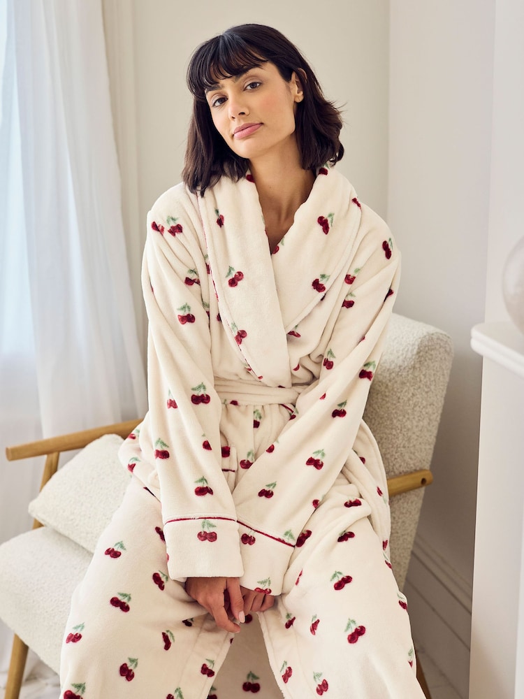 Chelsea Peers Natural Fleece Cherry Print Long Dressing Gown - Image 5 of 5 Chelsea Peers Natural Fleece Cherry Print Long Dressing Gown - Image 5 of 5