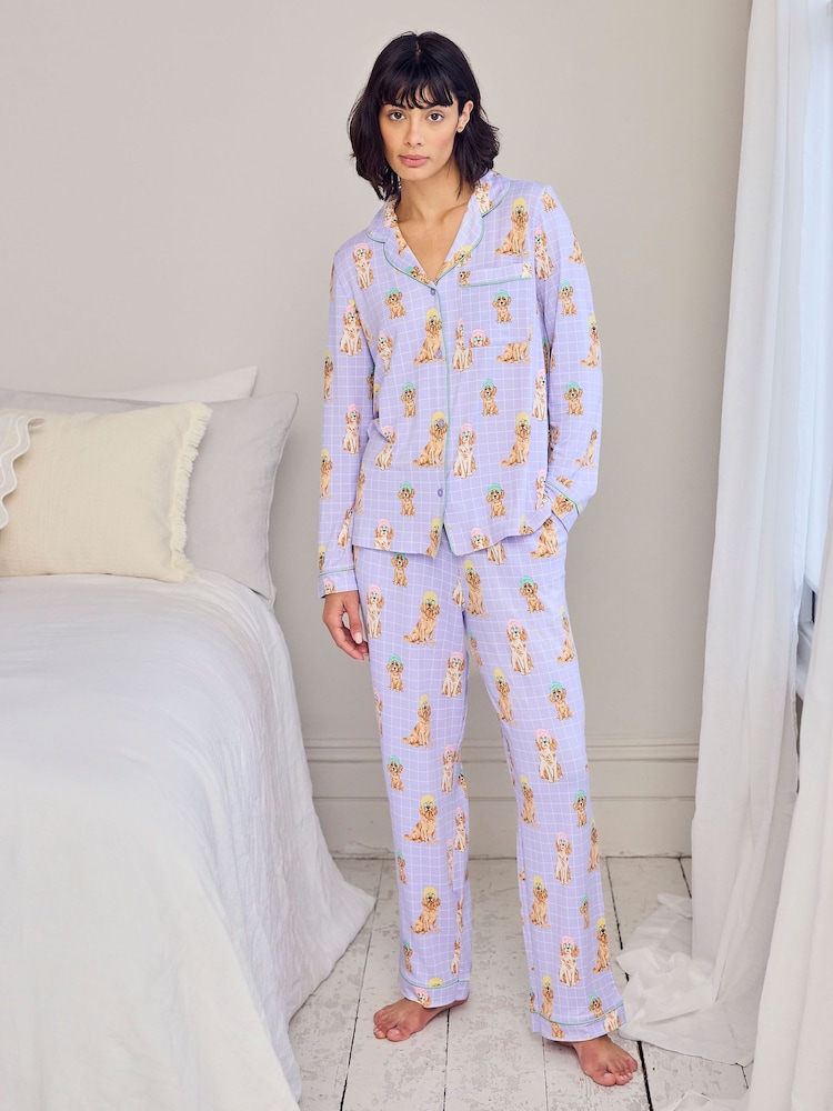 Chelsea Peers Purple Spa Dogs Print Long Pyjamas Set - Image 1 of 6 Chelsea Peers Purple Spa Dogs Print Long Pyjamas Set - Image 1 of 6