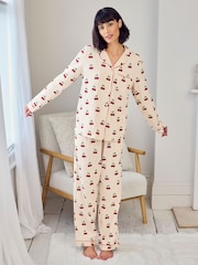 Chelsea Peers Natural Cotton Cherry Stripe Print Long Pyjamas Set - Image 1 of 6