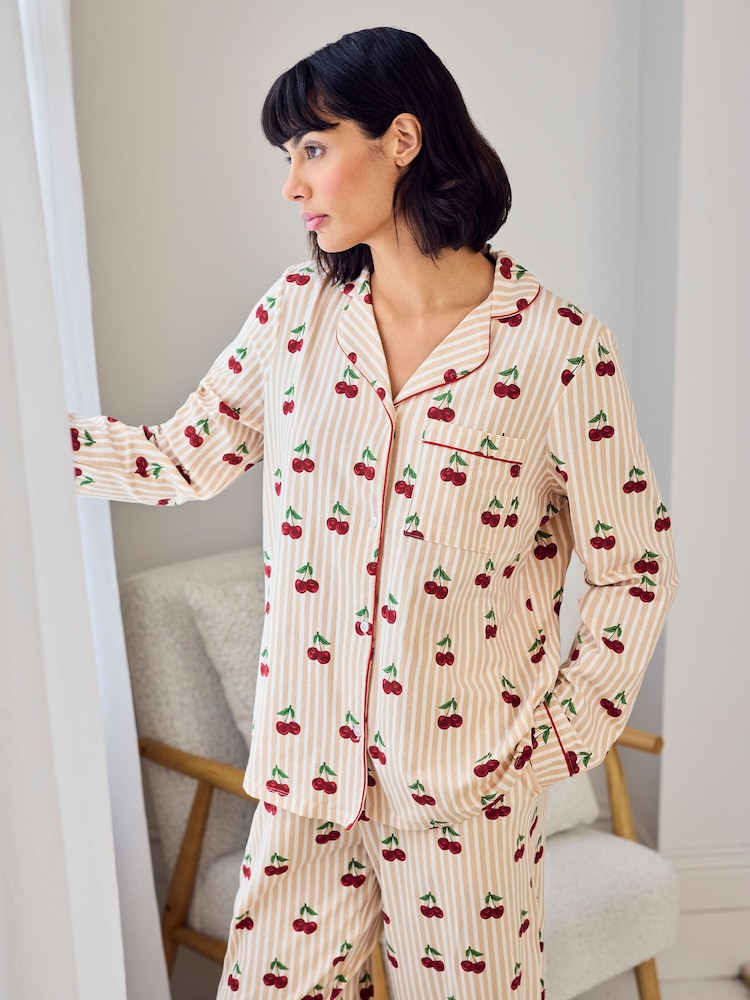 Chelsea Peers Natural Cotton Cherry Stripe Print Long Pyjamas Set - Image 2 of 6 Chelsea Peers Natural Cotton Cherry Stripe Print Long Pyjamas Set - Image 2 of 6