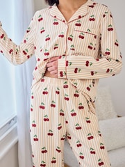 Chelsea Peers Natural Cotton Cherry Stripe Print Long Pyjamas Set - Image 3 of 6