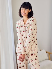 Chelsea Peers Natural Cotton Cherry Stripe Print Long Pyjamas Set - Image 5 of 6