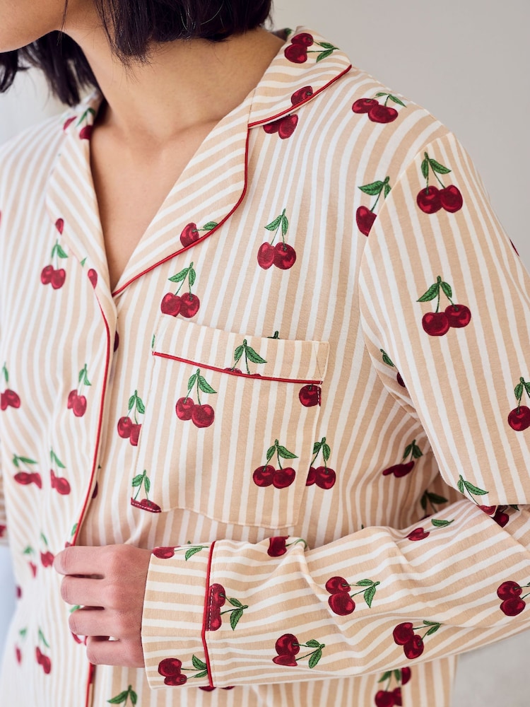 Chelsea Peers Natural Cotton Cherry Stripe Print Long Pyjamas Set - Image 6 of 6 Chelsea Peers Natural Cotton Cherry Stripe Print Long Pyjamas Set - Image 6 of 6
