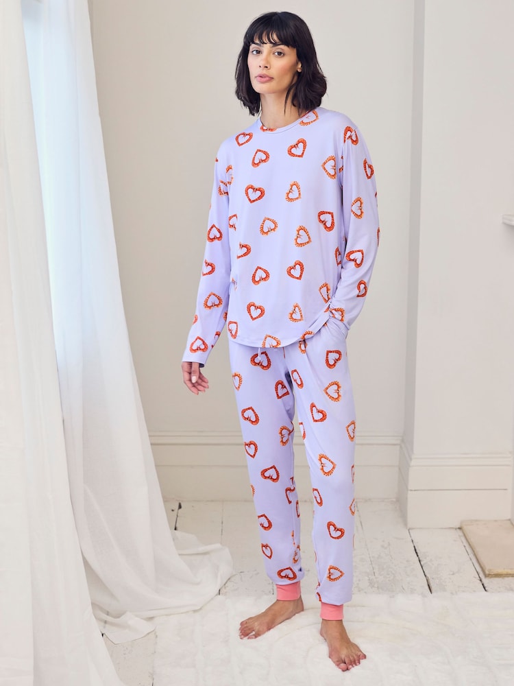Chelsea Peers Purple Shrimp Heart Print Long Pyjamas Set - Image 1 of 7