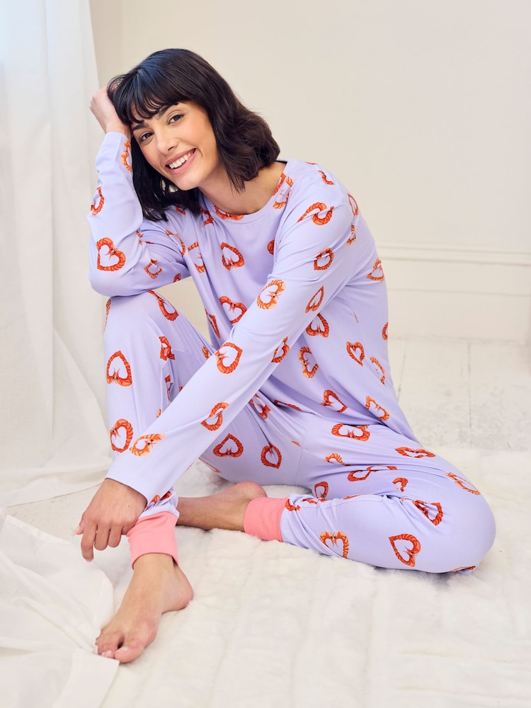 Chelsea Peers Purple Shrimp Heart Print Long Pyjamas Set - Image 2 of 7