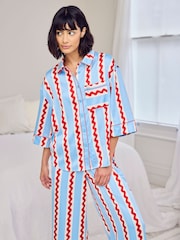 Chelsea Peers Blue Satin Wavy Stripe Long Pyjama Set - Image 2 of 5