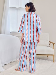 Chelsea Peers Blue Satin Wavy Stripe Long Pyjama Set - Image 4 of 5