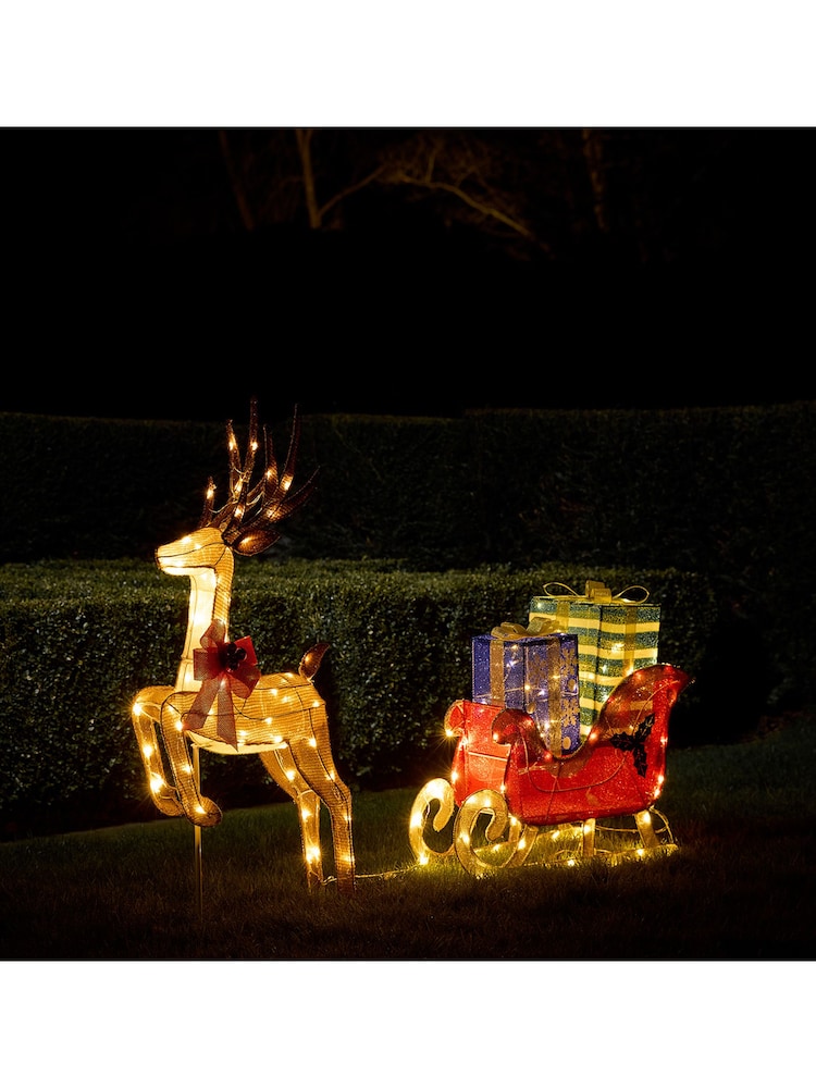 Lights4fun Brown Red Blue White Green Yellow 1m Reindeer and Sleigh with Presents LED 3D Figure - Image 1 of 1