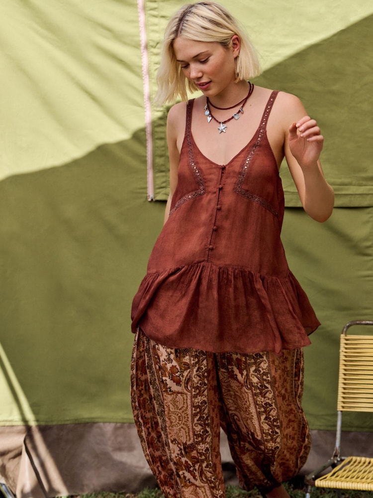 Rust Paisley Print Gold Metallic Thread Balloon Trousers - Image 2 of 4