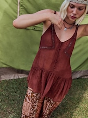 Rust Paisley Print Gold Metallic Thread Balloon Trousers - Image 3 of 4