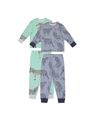 Chelsea Peers Green Kids Two Pack Zebra / Tiger Print Long Pyjamas Set - Image 1 of 5