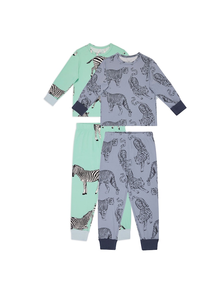 Chelsea Peers Green Kids Two Pack Zebra / Tiger Print Long Pyjamas Set - Image 1 of 5