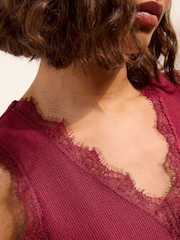Friends Like These Burgundy Red V-Neck Lace Trim Top - Image 2 of 5