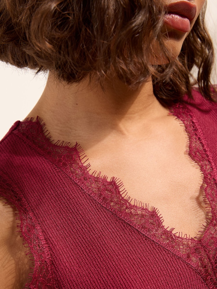 Friends Like These Burgundy Red V-Neck Lace Trim Top - Image 2 of 5