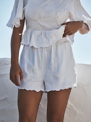 White Floral Embroidered Jersey Shorts - Image 1 of 4