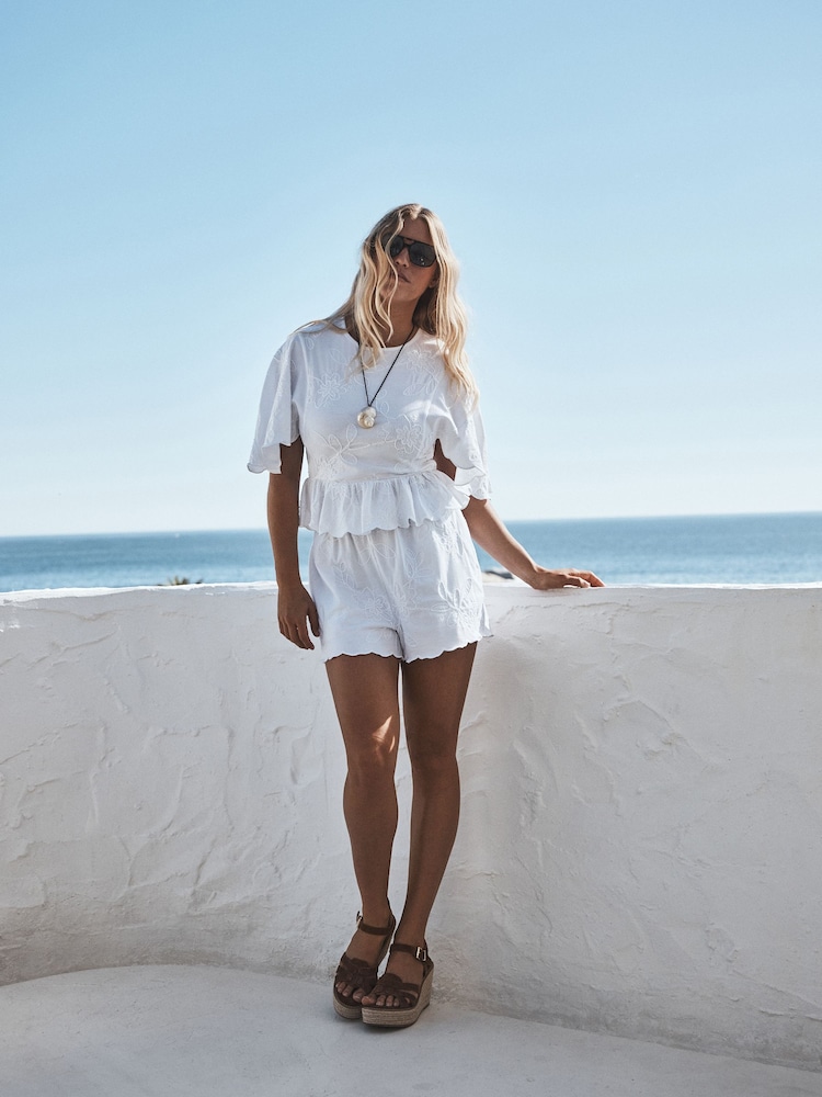 White Floral Embroidered Jersey Shorts - Image 2 of 4 White Floral Embroidered Jersey Shorts - Image 2 of 4