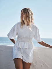 White Floral Embroidered Jersey Short Sleeve Top - Image 1 of 5