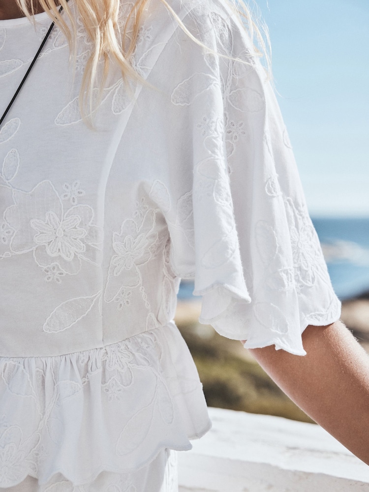 White Floral Embroidered Jersey Short Sleeve Top - Image 5 of 5 White Floral Embroidered Jersey Short Sleeve Top - Image 5 of 5