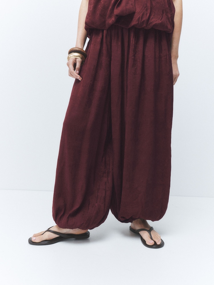 Burgundy Jacquard Balloon Trousers - Image 1 of 5 Burgundy Jacquard Balloon Trousers - Image 1 of 5