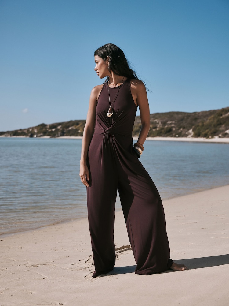 Chocolate Twist Waist Jersey Jumpsuit - Image 1 of 7 Chocolate Twist Waist Jersey Jumpsuit - Image 1 of 7