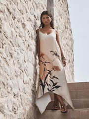 Peach Placement Floral - Strappy Hanky Hem Midi Slip Dress - Image 1 de 7