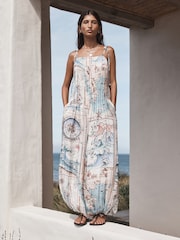 Map Print Tie Strap Balloon Jumpsuit - Image 1 of 8