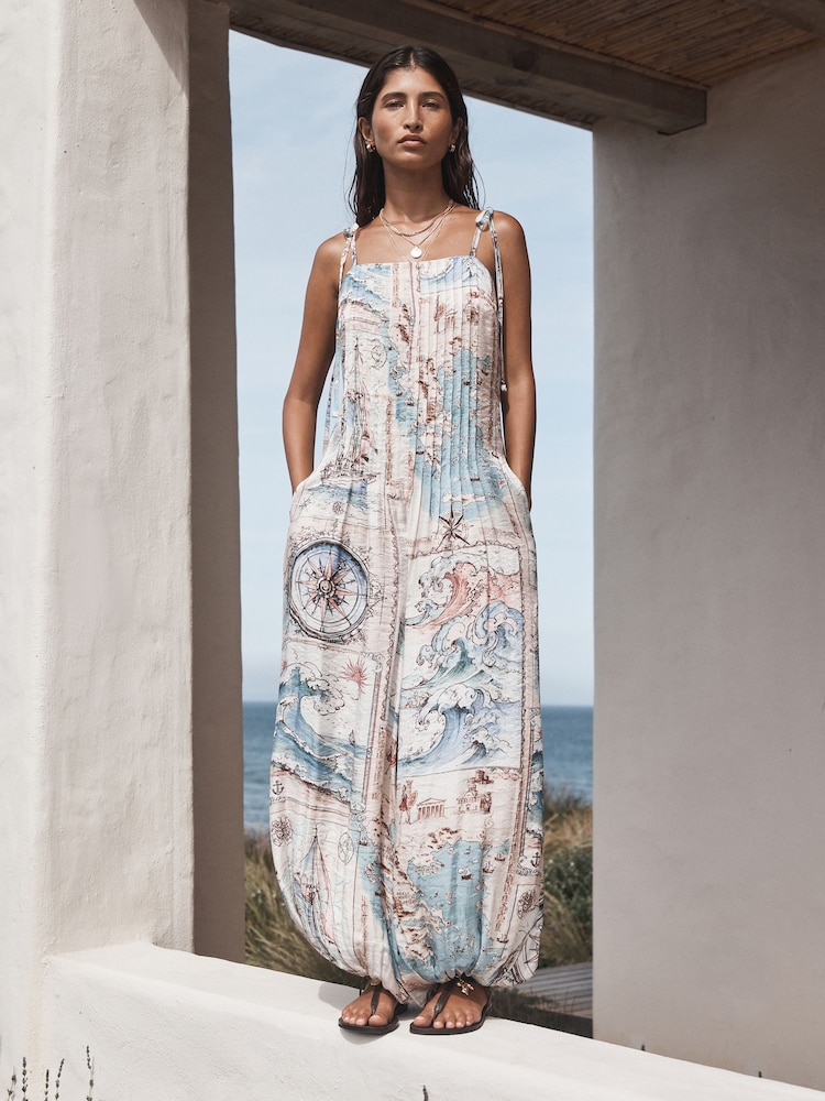 Map Print Tie Strap Balloon Jumpsuit - Image 1 of 8 Map Print Tie Strap Balloon Jumpsuit - Image 1 of 8