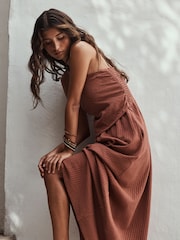 Rust Broderie Jersey Hanky Hem Bandeau Midi Dress - Image 3 of 5
