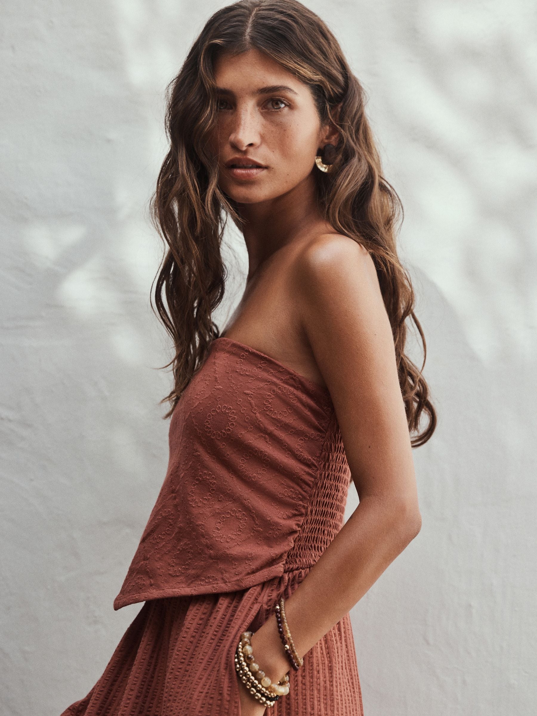 Buy Rust Broderie Jersey Hanky Hem Bandeau Midi Dress from Next USA