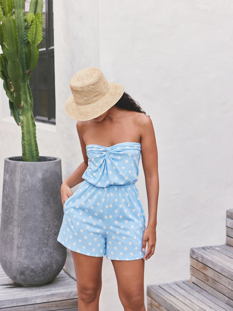 Blue/White Polka Dot Twist Front Bandeau Playsuit - Image 1 of 5 Blue/White Polka Dot Twist Front Bandeau Playsuit - Image 1 of 5