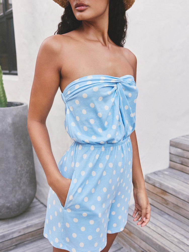 Blue/White Polka Dot Twist Front Bandeau Playsuit - Image 2 of 5 Blue/White Polka Dot Twist Front Bandeau Playsuit - Image 2 of 5