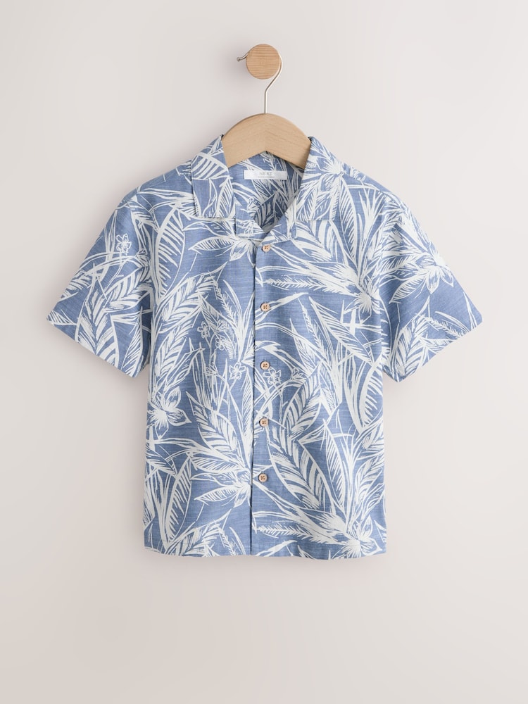 Blue All Over Print Leaf Short Sleeve Revere Collar Shirt (3-16yrs) - Image 1 of 4
