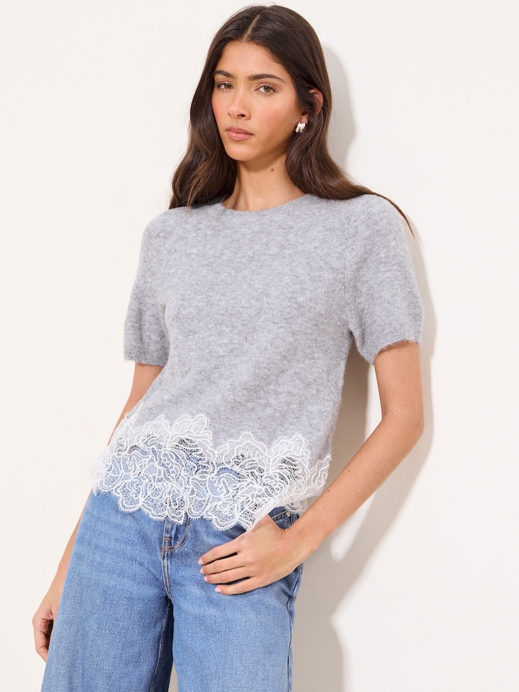 Lipsy Grey Lace Hem Short Sleeve Knit Top With Wool - Image 1 of 4