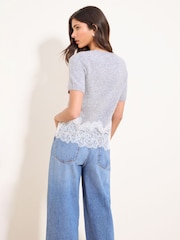 Lipsy Grey Lace Hem Short Sleeve Knit Top With Wool - Image 4 of 4