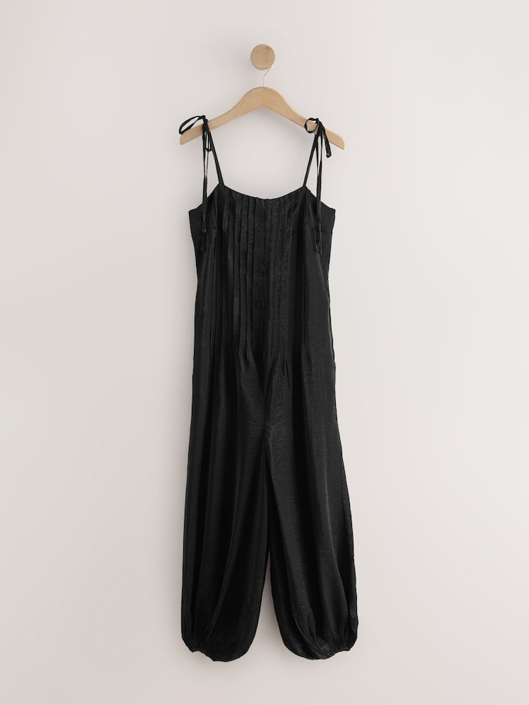 Black Tie Strap Balloon Jumpsuit - Image 1 of 3 Black Tie Strap Balloon Jumpsuit - Image 1 of 3