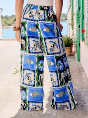 Blue/Ecru Fish Print - লিনেনের সাথে পুল অন ওয়াইড লেগ ট্রাউজার - 8এর মধ্যে 4 ছবি