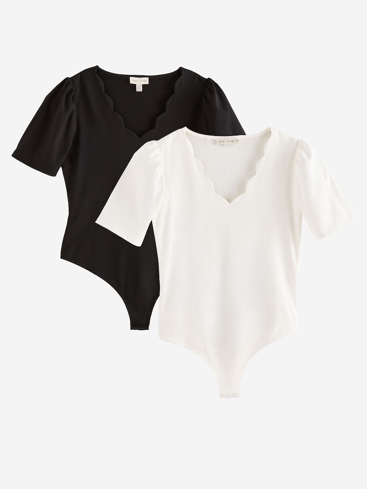 Love & Roses X2 Black and White Scallop V-Neck Jersey Bodysuit - Image 1 of 7