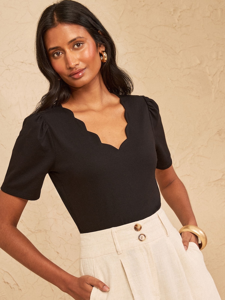 Love & Roses X2 Black and White Scallop V-Neck Jersey Bodysuit - Image 2 of 7