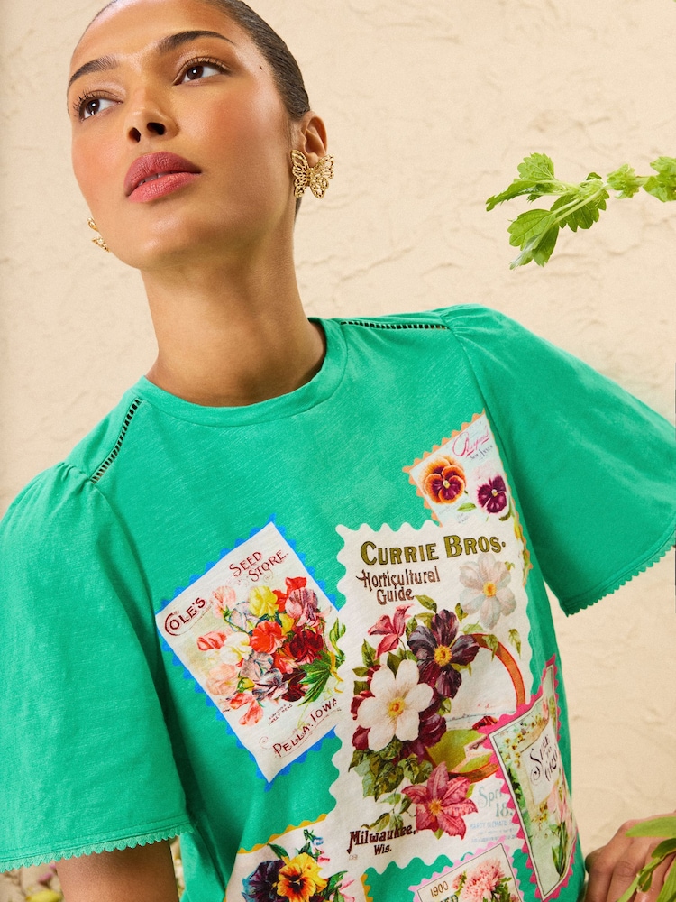 Love & Roses x RHS Green Seedpacket Print Jersey T-Shirt - Image 2 of 5