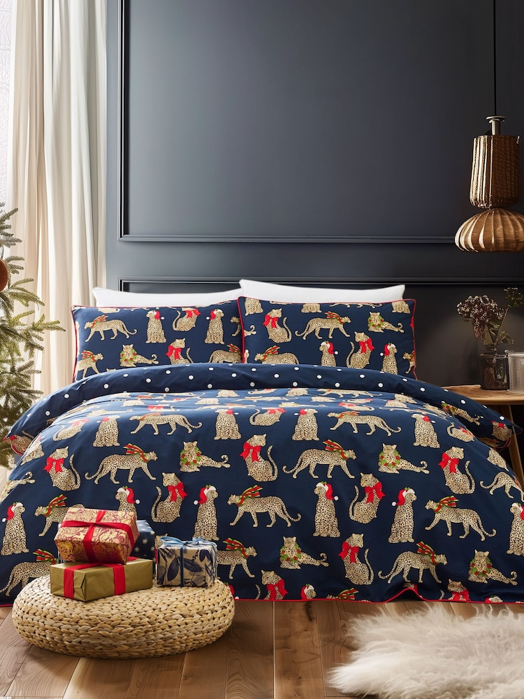 Chelsea Peers Blue Cotton Christmas Leopard Print Reversible Bedding Set - Image 1 of 3 Chelsea Peers Blue Cotton Christmas Leopard Print Reversible Bedding Set - Image 1 of 3