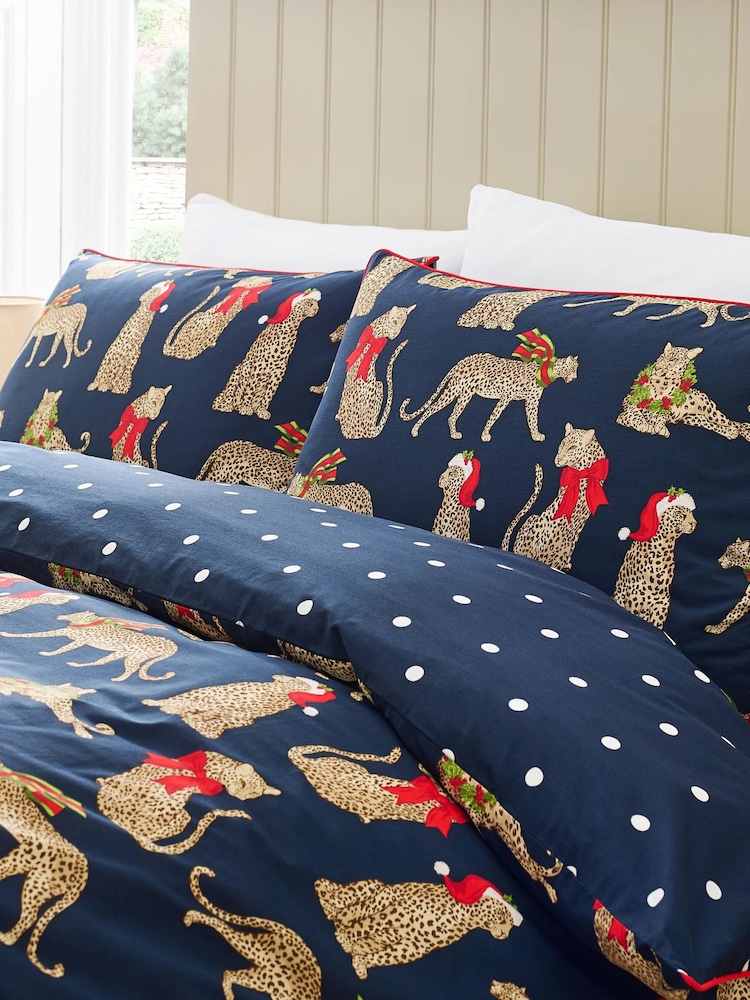 Chelsea Peers Blue Cotton Christmas Leopard Print Reversible Bedding Set - Image 2 of 3 Chelsea Peers Blue Cotton Christmas Leopard Print Reversible Bedding Set - Image 2 of 3