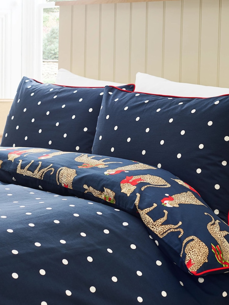 Chelsea Peers Blue Cotton Christmas Leopard Print Reversible Bedding Set - Image 3 of 3 Chelsea Peers Blue Cotton Christmas Leopard Print Reversible Bedding Set - Image 3 of 3