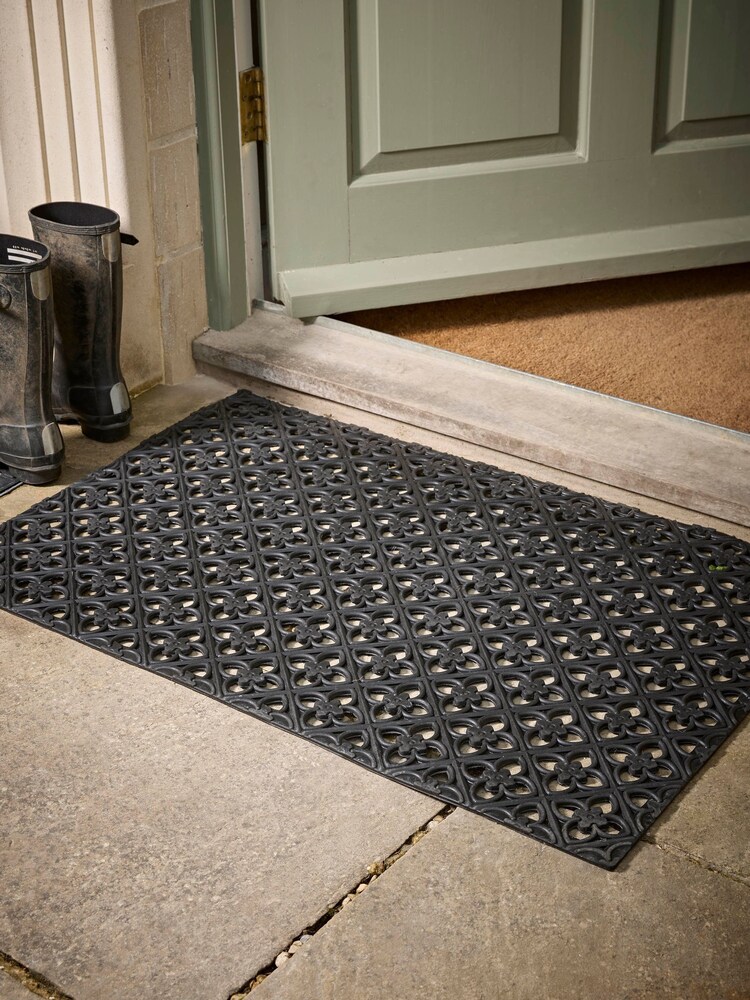 Cox & Cox Black Little Flowers Rubber Doormat Large - Image 1 of 3