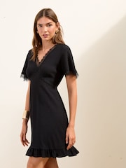 Friends Like These Black Lace Detail V-Neck Short Sleeve Mini Dress - Image 1 of 4